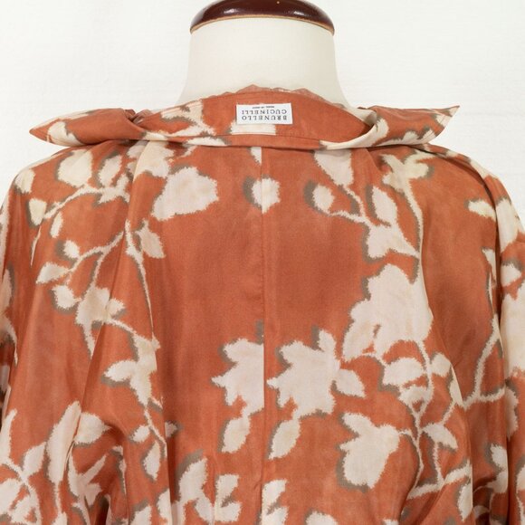 $5824 BRUNELLO CUCINELLI SILK FLORAL-PRINT SHIRT DRESS IN ORANGE S - Picture 9 of 10